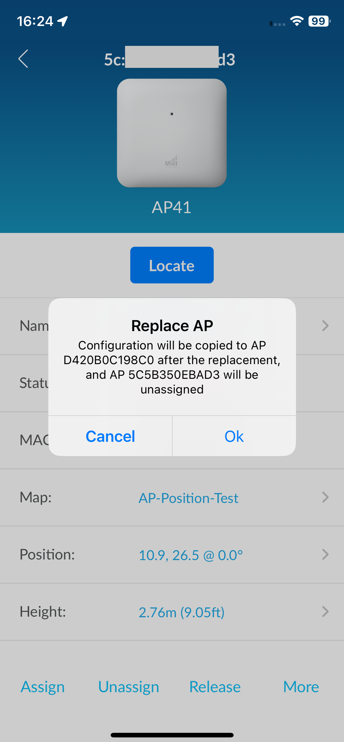 Mobile app interface for managing Mist AP41 access point with options to locate, assign, unassign, release, and copy configuration to a new access point. Map, position, and height details visible.