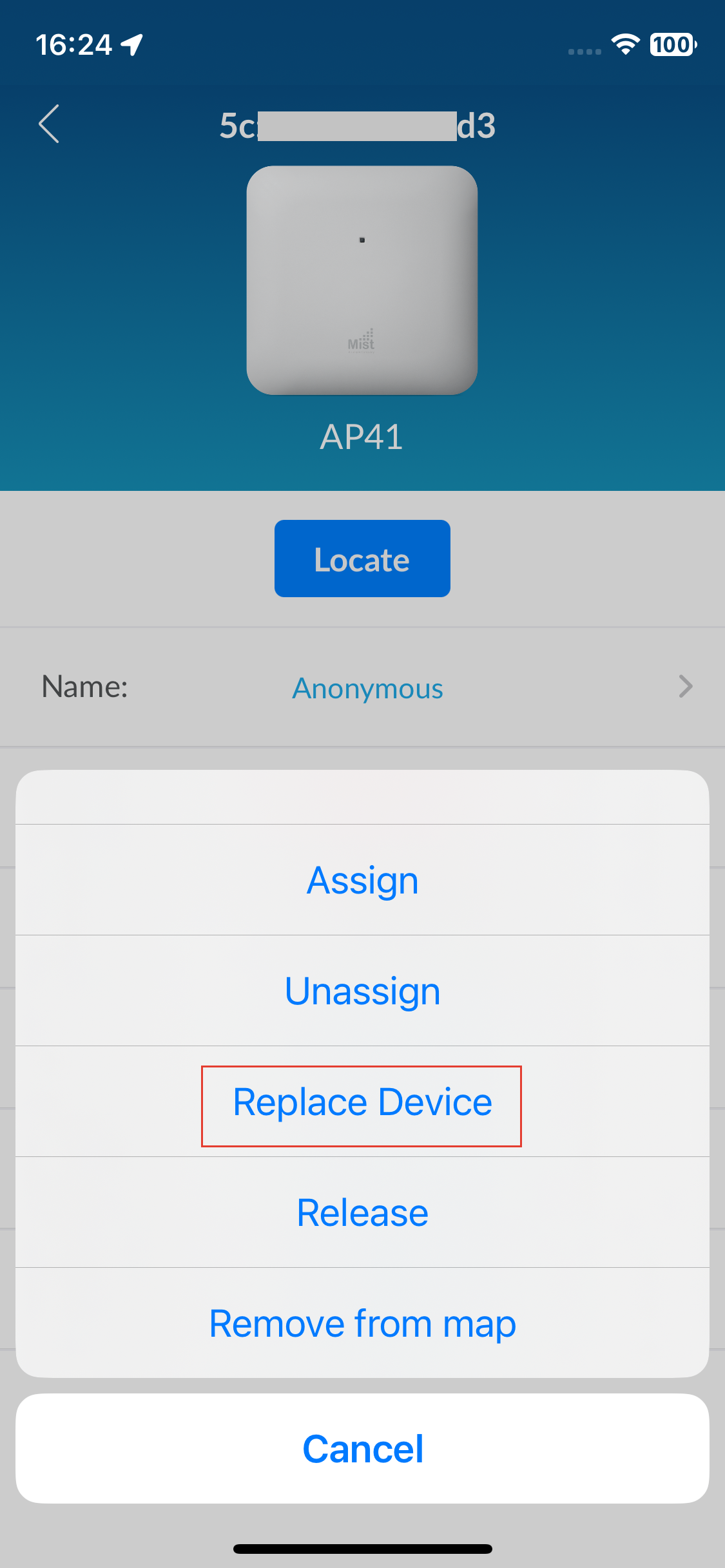 User interface displaying options for managing a wireless access point labeled AP41, with Replace Device highlighted in red.