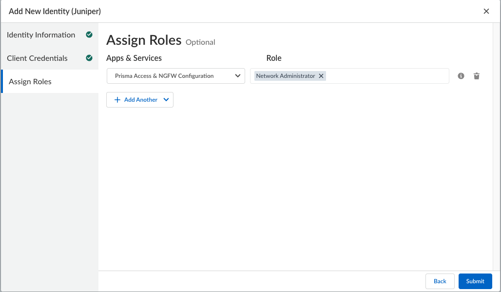 Add New Identity interface showing Assign Roles section. Roles are being assigned for Apps and Services. Selected role is Network Administrator for Prisma Access and NGFW Configuration. Buttons for Back and Submit are at the bottom right.