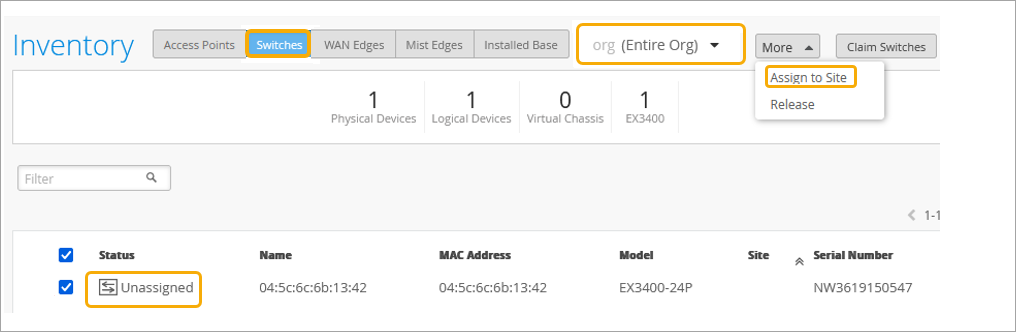EX Series Switch in Inventory