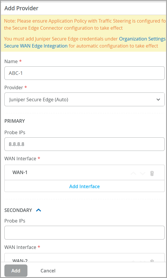 Select Juniper Secure Edge as Provider