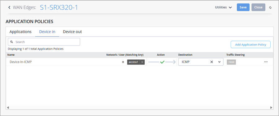 Configuration interface for WAN Edge device S1-SRX320-1 showing Device in tab. Application Policies table lists policy Device-In-ICMP for network access1 with action allow, destination ICMP, and traffic steering to Host. Buttons for Add Application Policy, Save, and Close are visible. Breadcrumb indicates WAN Edge device configuration.