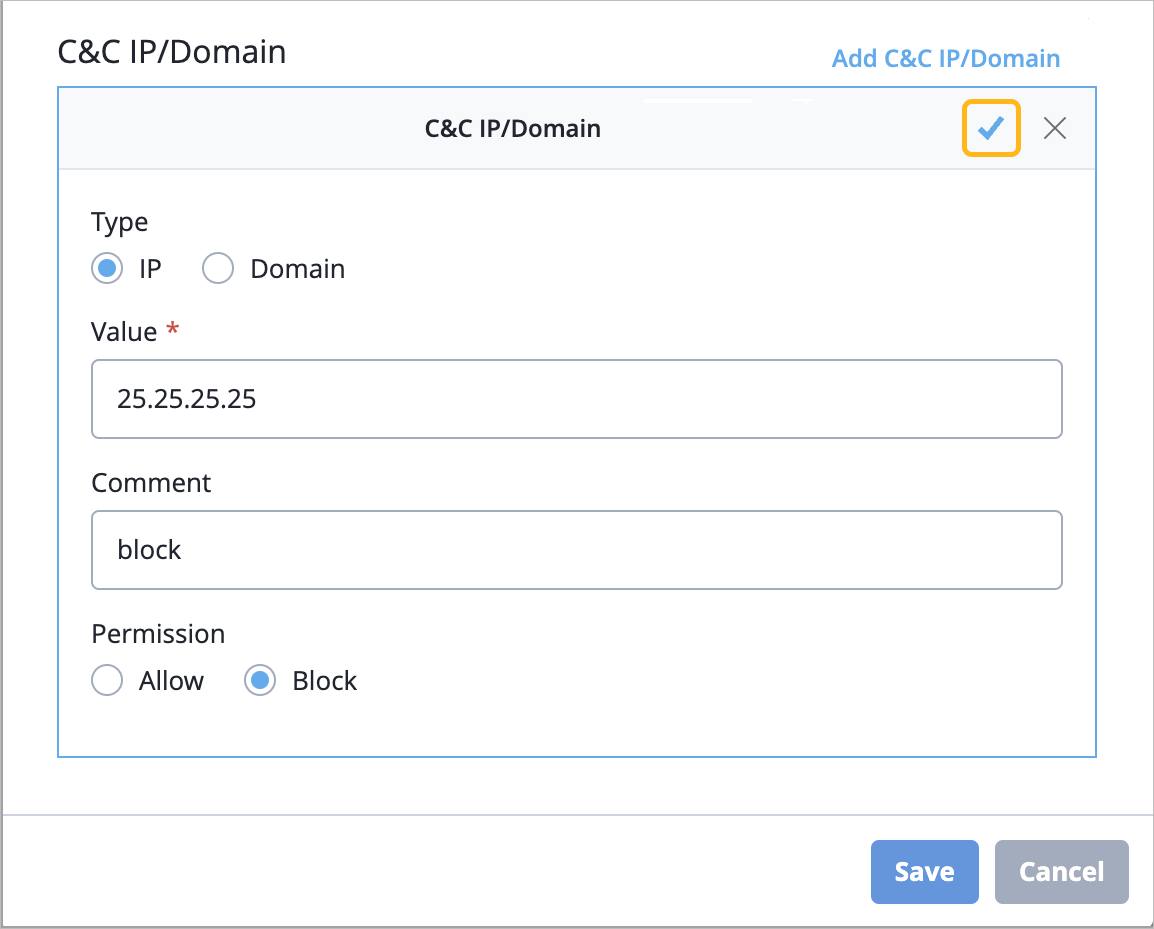 Check Mark in the C&C IP/Domain Title Bar