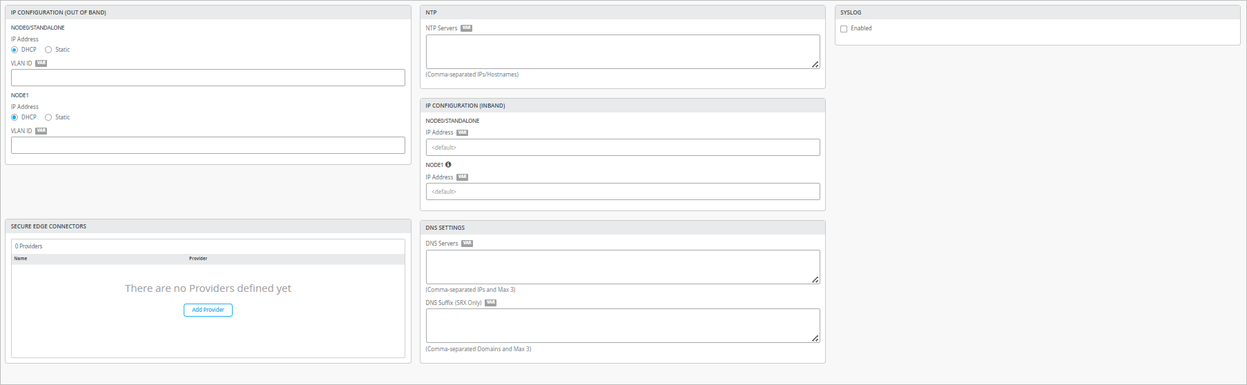 Configuration interface for network setup with sections for IP addresses, VLAN IDs, NTP servers, DNS settings, syslog logging, and secure edge connectors.