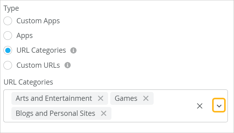 Example showing URL Categories as the type and selected categories of Arts and Entertainment, Games, and Blogs