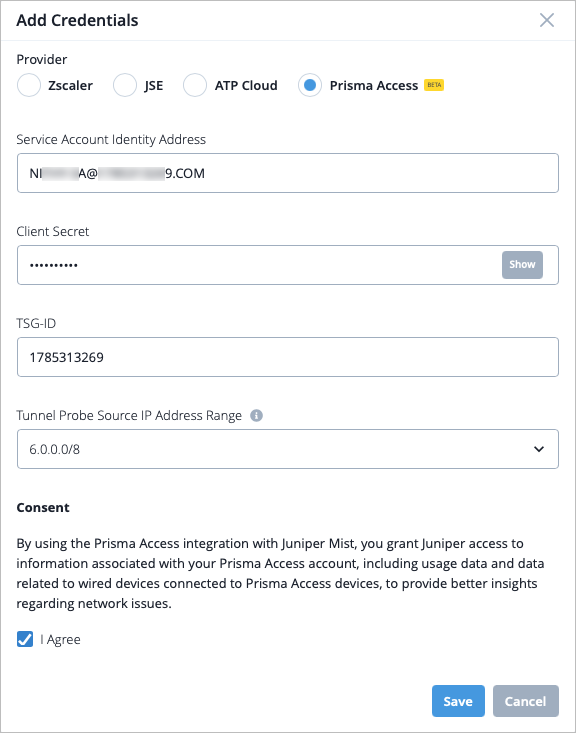 Configuration interface to integrate with a network provider, showing fields for provider selection, account credentials, and consent to grant Juniper access for insights. Save and Cancel options available. Selected provider: Prisma Access Beta.