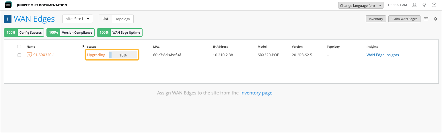 WAN Edge device S1-SRX320-1 at Site1 is upgrading at 10 percent. MAC 60:c7:8d:4f:df:4f, IP 10.210.2.38, model SRX320-POE, version 20.2R3-S2.5. Config success, version compliance, and uptime are 100 percent.
