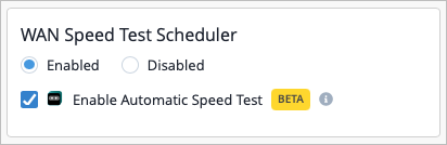 WAN Speed Test Scheduler interface with Enabled option selected. Automatic Speed Test checkbox is checked and labeled BETA, with an information icon.