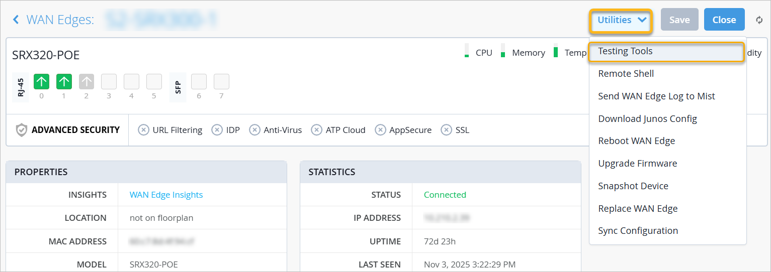 Location of Utilities Menu and Testing Tools Option
