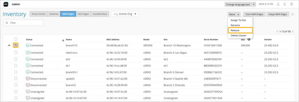 Select WAN Edge Cluster to Release