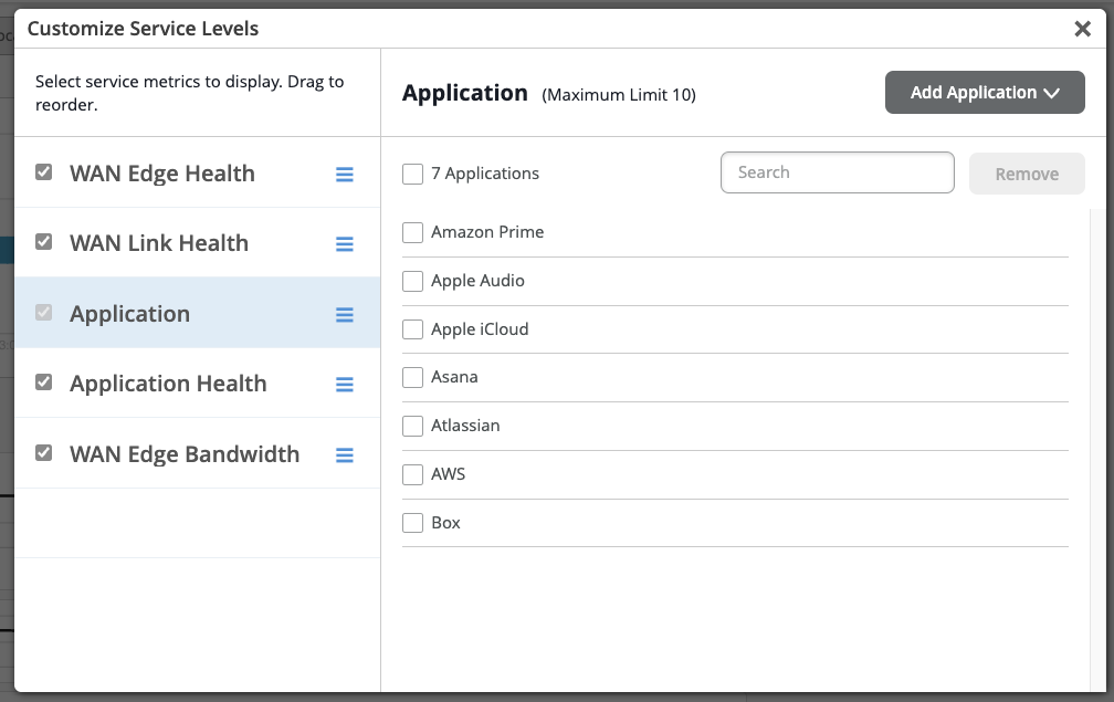 User interface for customizing service levels with selectable service metrics on the left and applications on the right, including search, remove, and add application options.