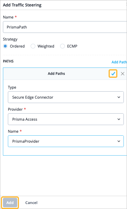 Configuration interface for adding traffic steering in a network management system with fields for rule name, strategy selection, path configuration, and buttons to add or cancel.