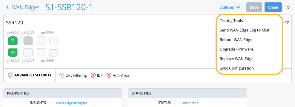 WAN Edge Utilities dropdown list containing troubleshooting tools