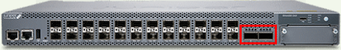Network switch with multiple ports highlighted in red, featuring SFP ports for fiber or Ethernet connections and management ports on the left.