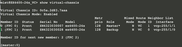 Output of the show virtual-chassis command on an EX4400-24x switch showing Virtual Chassis ID 0c5a.2d83.7aaa, mode enabled, two members with IDs 0 and 1 as master and backup respectively, and next member ID 2.
