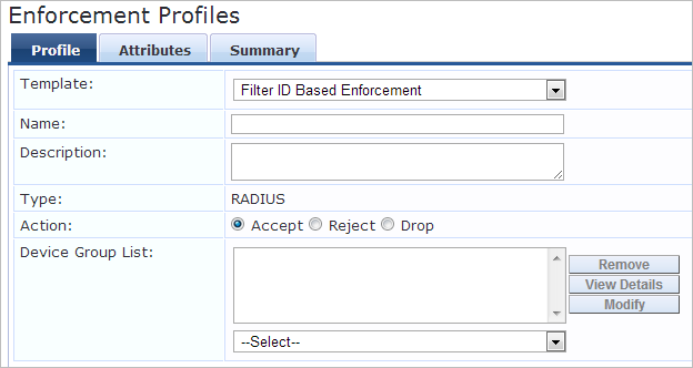 User interface for configuring Enforcement Profiles with tabs Profile, Attributes, and Summary. Profile tab selected showing fields for Template, Name, Description, Type, Action, Device Group List, and additional options dropdown.