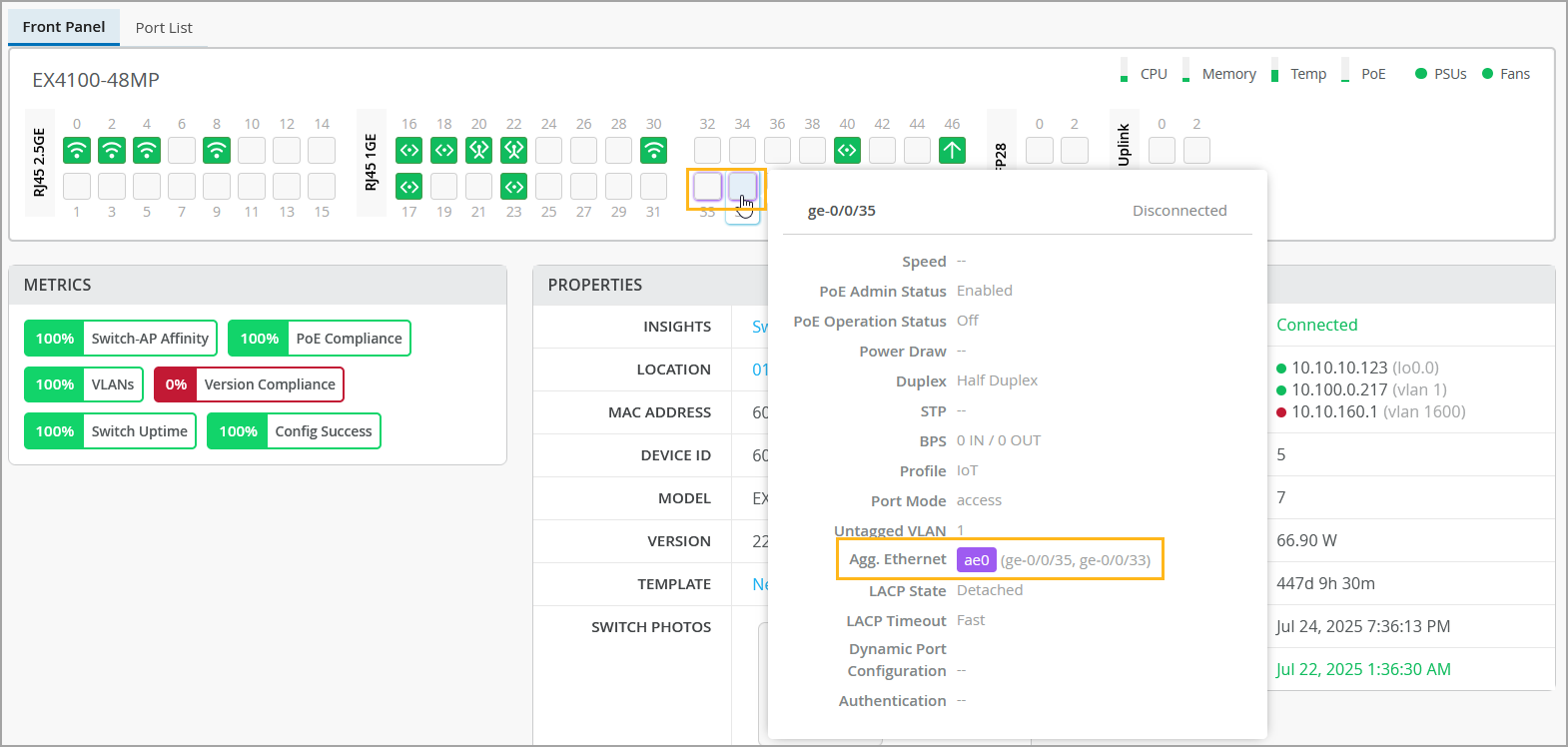 Network switch management interface showing EX4100-48MP model with port statuses, metrics like VLANs and PoE compliance, connected devices, power consumption, and uptime. Version compliance highlighted as an issue.
