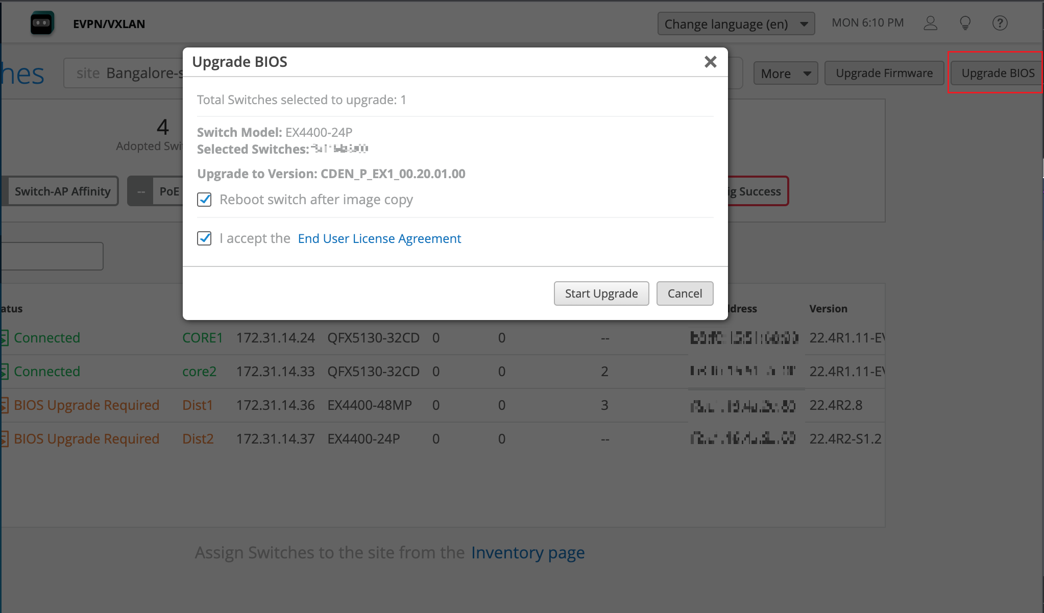 User interface for upgrading BIOS on a network switch. Pop-up shows details: 1 switch selected, model EX4400-24P, upgrade version CDEN_P_EX1_00.20.01.00. Options to reboot and accept EULA. Buttons for Start Upgrade and Cancel. Background lists switches with statuses, IPs, and versions, some marked Connected, others need BIOS upgrade.