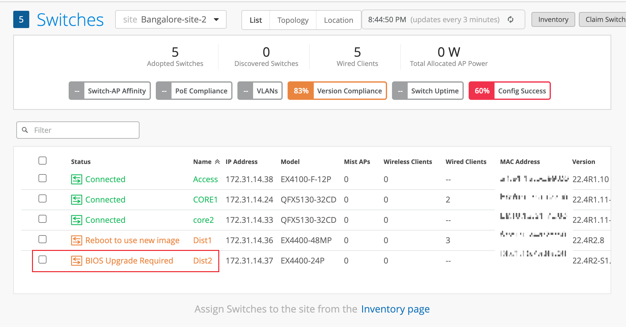 Network management interface for Bangalore-site-2 showing 5 adopted switches, 83 percent version compliance, and 60 percent config success. Highlights include Reboot to use new image for Dist1 and BIOS Upgrade Required for Dist2.
