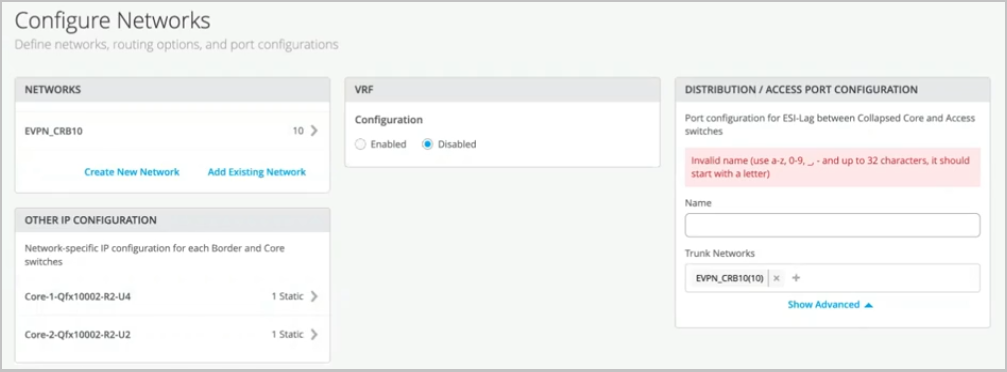 Configuration interface for networks, routing, and ports. Includes options to create or add networks, enable VRF, set IP configurations for switches, and configure ports with ESI-LAG. Shows error for invalid name.