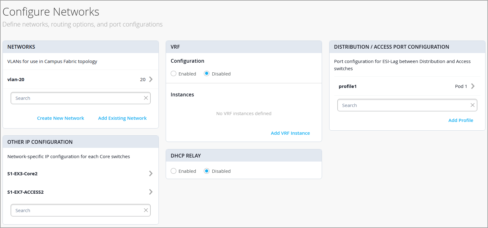 Network configuration interface with sections for managing VLANs, VRF, port profiles, IP settings, and DHCP relay. VLAN 20 listed; VRF and DHCP relay disabled. Options to add networks, VRF instances, profiles, and IP configurations.