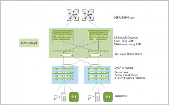 Network topology diagram illustrating EVPN-VXLAN architecture with OSPF, BGP, static routing, CRB, ERB, ESI-LAG, LACP at access, hierarchical design, and endpoints.