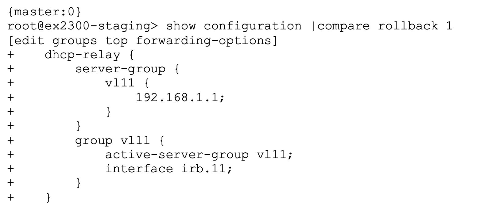 Configuration snippet showing DHCP relay setup on Junos OS. Server-group vl11 with DHCP server 192.168.1.1 is linked to interface irb.11 under forwarding-options hierarchy.