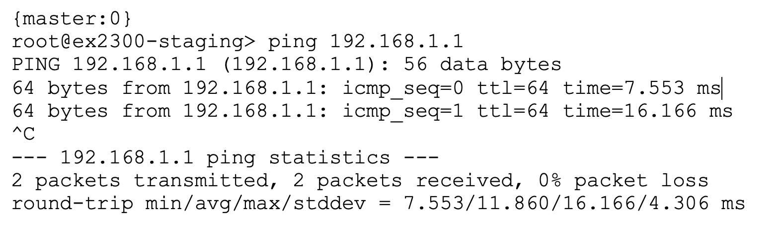 Ping command output showing connectivity test to 192.168.1.1 with 2 packets sent and received, 0 percent packet loss, and round-trip times ranging from 7.553 ms to 16.166 ms.