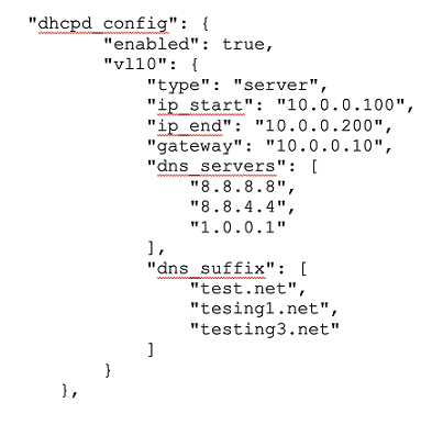 DHCP server JSON configuration showing enabled status, VLAN 10 with IP pool from 10.0.0.100 to 10.0.0.200, gateway 10.0.0.10, DNS servers 8.8.8.8, 8.8.4.4, 1.0.0.1, and DNS suffixes test.net, testing1.net, testing3.net.