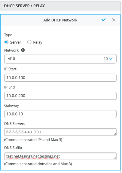 Configuration interface for adding a DHCP network with type set to Server, network ID 10 labeled vl10, IP range 10.0.0.100 to 10.0.0.200, gateway 10.0.0.10, DNS servers 8.8.8.8, 8.8.4.4, 1.0.0.1, and DNS suffix test.net, tesing1.net, testing3.net.