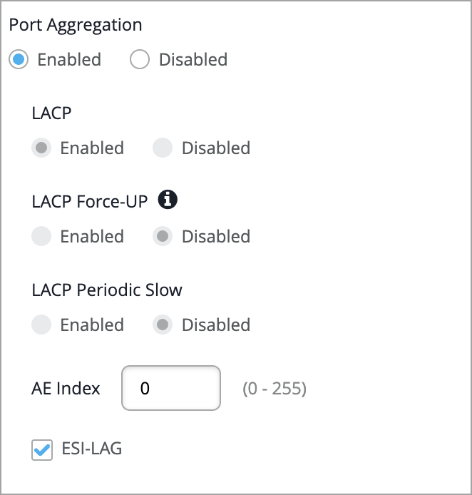 Port Aggregation settings interface showing options for enabling or disabling Port Aggregation, LACP, LACP Force-UP, LACP Periodic Slow, AE Index set to 0, and ESI-LAG checkbox selected.