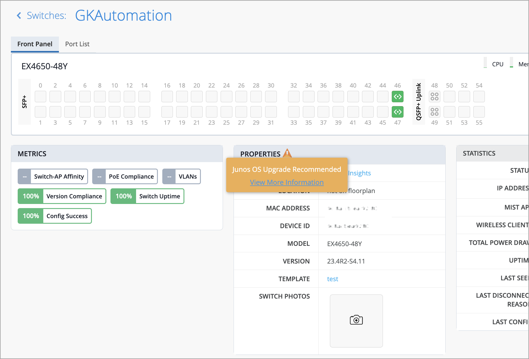 Network switch management interface for GkAutomation EX4650-48Y showing port layout, metrics like compliance and uptime, properties including model and version, warning for Junos OS upgrade, and statistics like power draw and last seen.