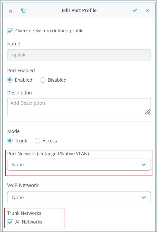 Configuration interface for editing a port profile with options to override system-defined profile, name as uplink, enable port, set mode to trunk, and configure VLAN and network settings.