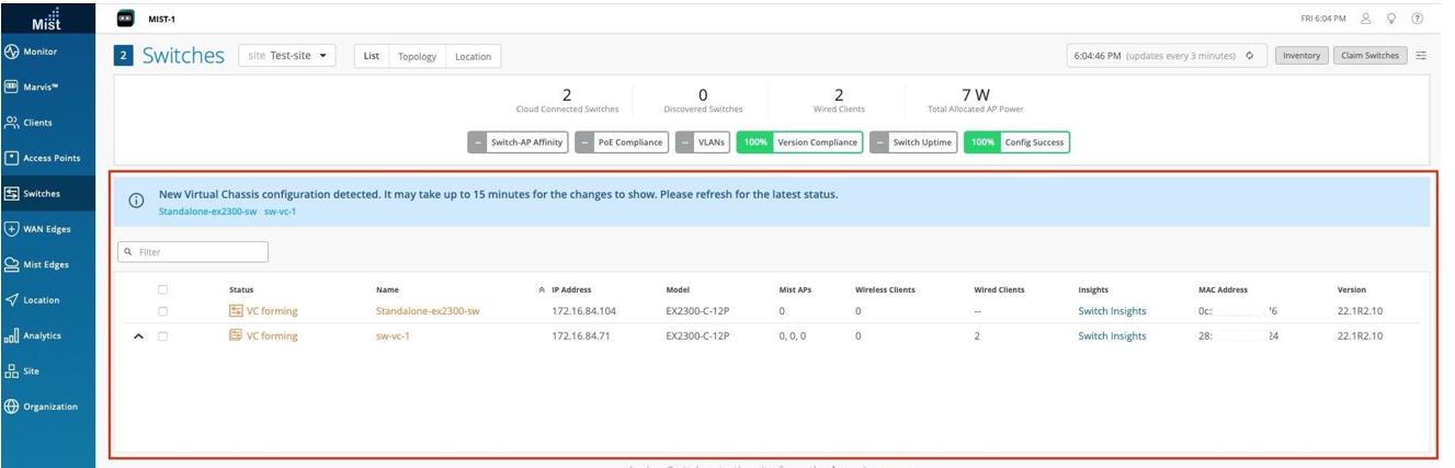 Network management interface showing switches in Mist environment. Displays site name Test-site, metrics like 2 cloud connected switches, 0 discovered switches, 2 wired clients, 7W allocated AP power. Status indicators show 100 percent compliance. Notification banner highlights new Virtual Chassis configuration detected. Switch list includes statuses, names, IPs, models, connected devices, insights links, MACs, and software versions. Navigation menu includes Monitor, Marvis, Clients, Access Points, Switches, WAN Edges, Mist Edges, Location, Analytics, Site, and Organization.
