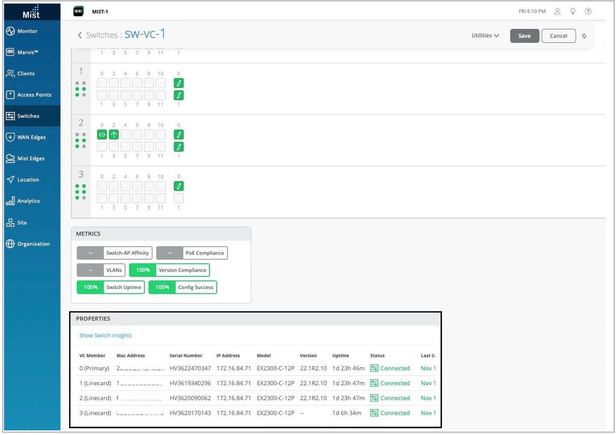 Network management interface showing switch details including port status, compliance metrics, performance metrics, and switch properties like IP address, uptime, and model.