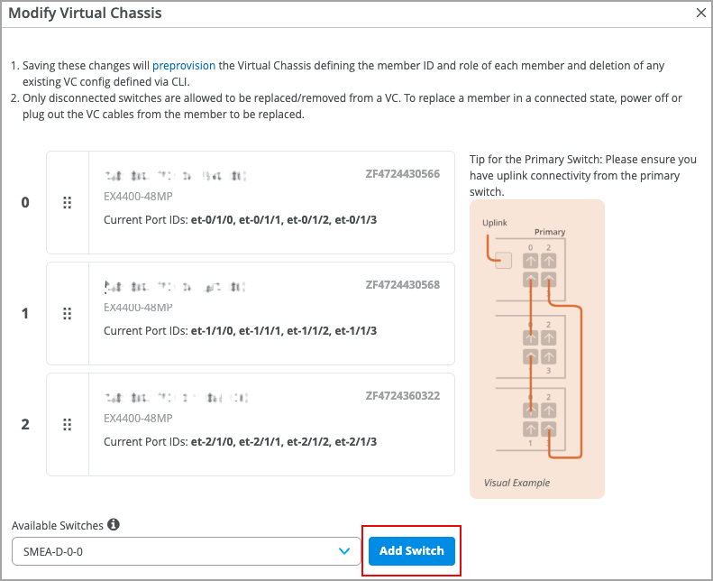Configuration interface for Virtual Chassis setup. Includes instructions for member IDs and roles, a list of switches with IDs, models, and ports, a diagram of physical connections, a dropdown to select switches, and an Add Switch button.