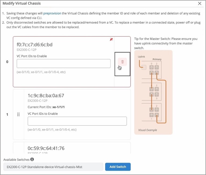 User interface for configuring virtual chassis setup, showing switch list with MAC addresses and model numbers, options for VC Port IDs, visual connections for master switch, section to add switches, and preprovisioning instructions.