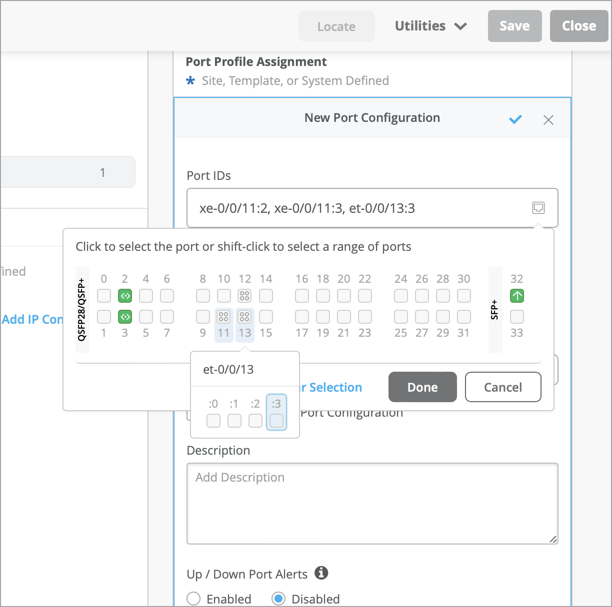 User interface for configuring network ports with options to assign port IDs, select ports or ranges, add descriptions, enable Up Down Port Alerts, and save or cancel.