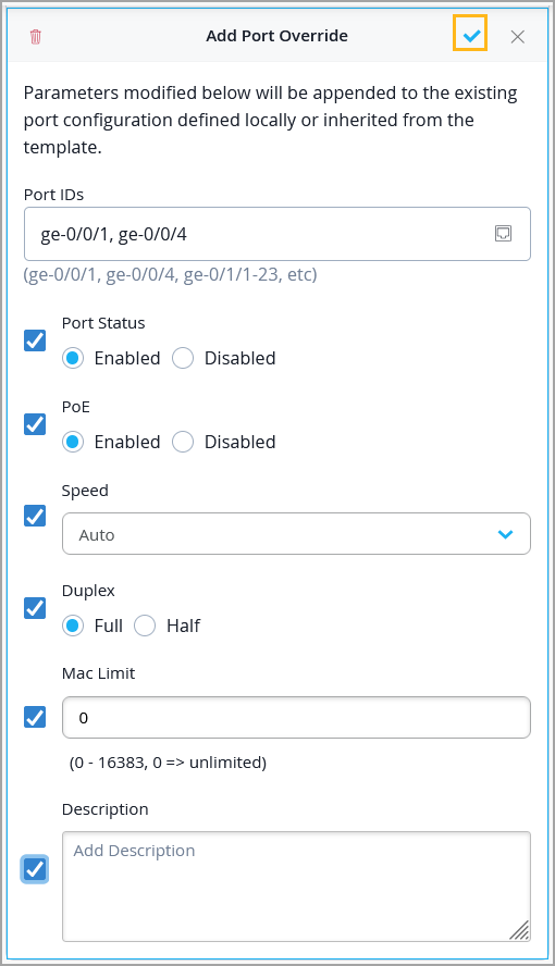 Configuration interface for adding port overrides in a network management system, with options to set port IDs, status, PoE, speed, duplex, MAC limit, and description. Includes save button.