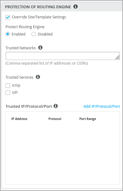 Configuration interface for Protection of Routing Engine with options to override settings, enable protection, specify trusted networks, select services like ICMP and SSH, and add trusted IP, protocol, and port range.