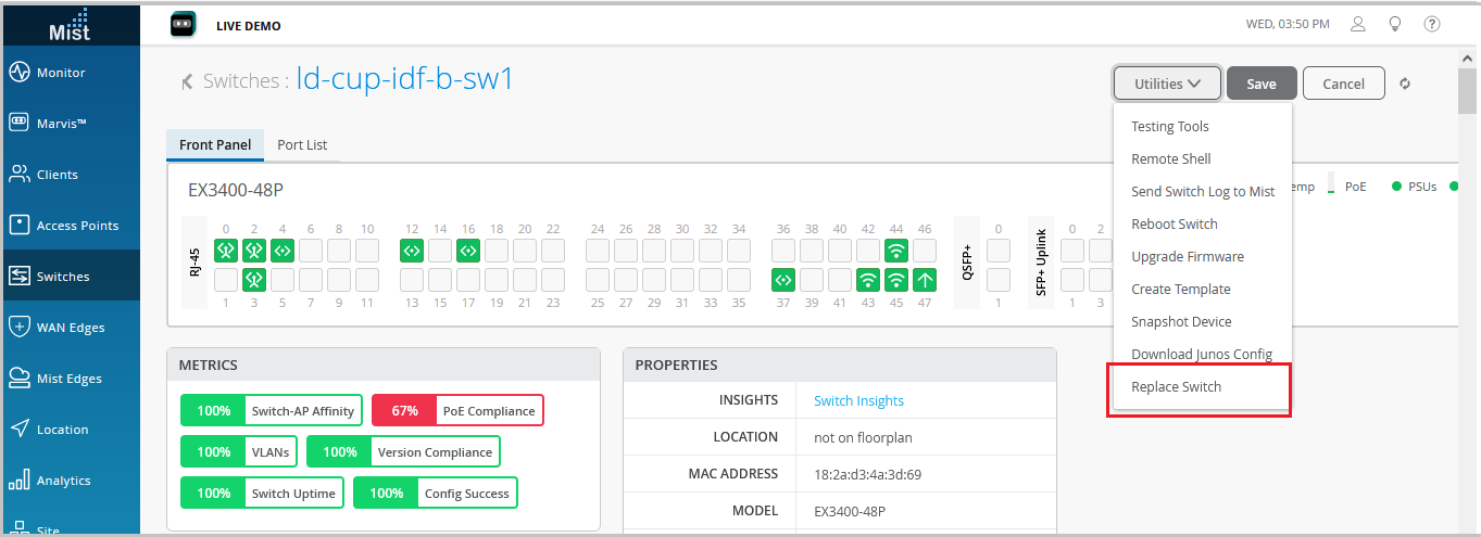 Network management interface for Mist EX3400-48P switch showing port statuses, metrics like PoE compliance and VLANs, switch details, and utilities for management.