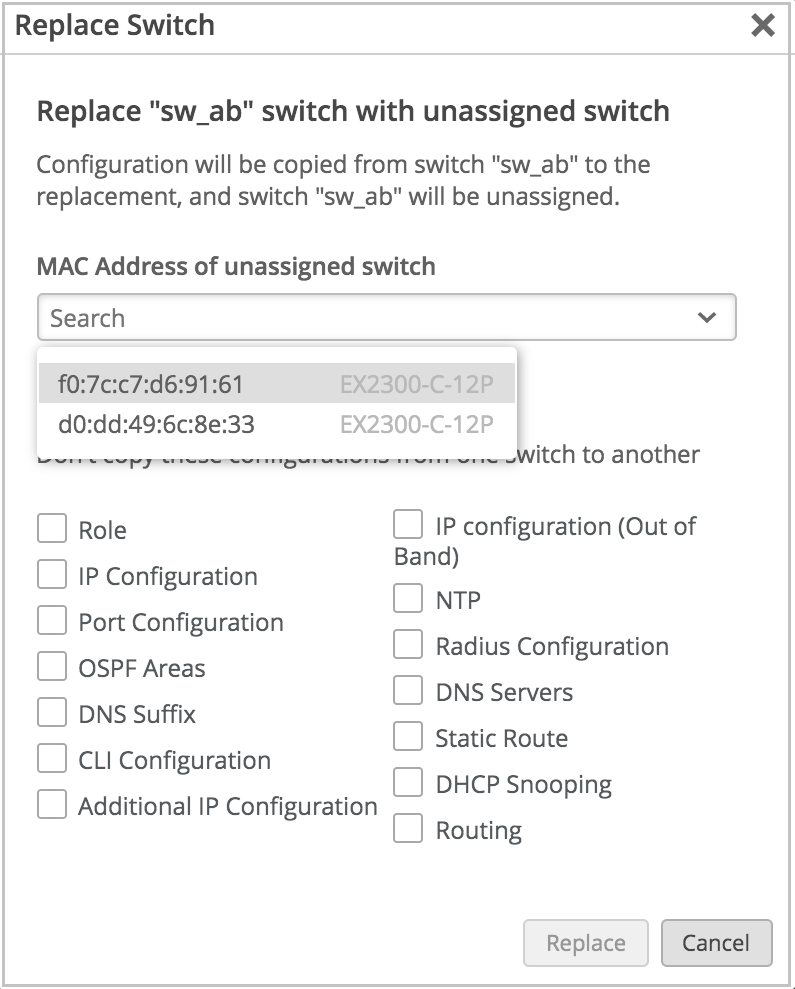 Configuration interface for replacing a network switch. Dropdown to select MAC address of replacement switch and checkboxes to exclude specific configurations from copying. Buttons to replace or cancel.