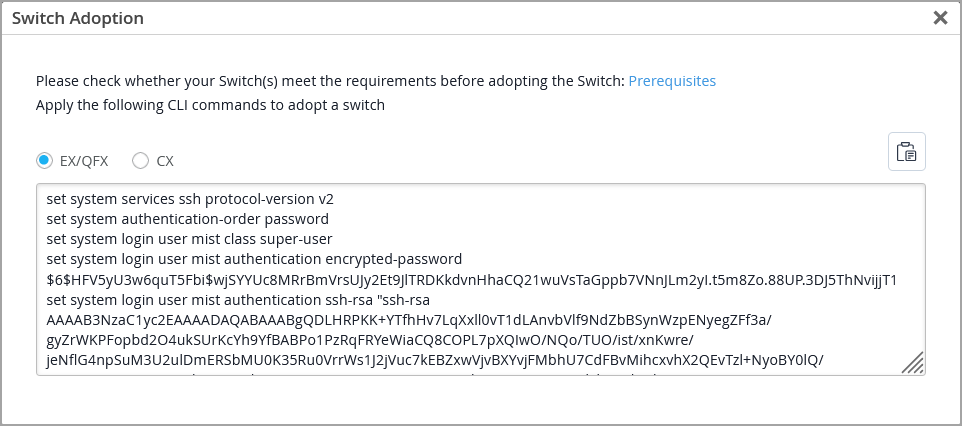 Mist dashboard screenshot showing Switch Adoption pop-up with CLI command for adopting a Juniper switch. Navigation menu on left.