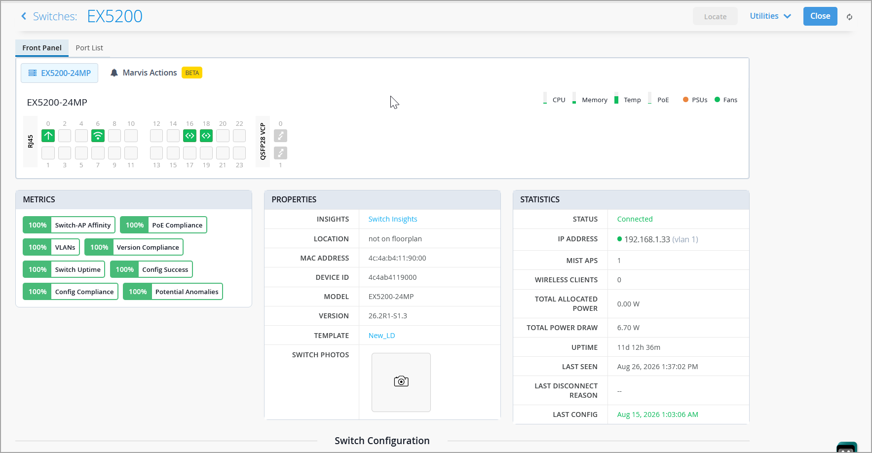 Network switch interface for EX5200-24MP showing port status, performance metrics at 100 percent, device properties, and operational statistics.