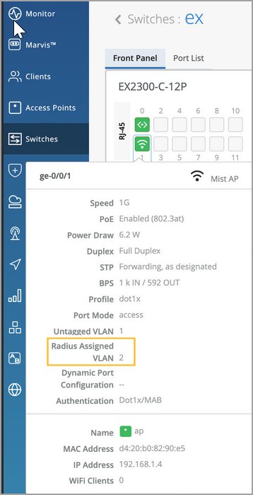 Network management interface for EX2300-C-12P switch showing port ge-0/0/1 details: Speed 1G, PoE enabled, power draw 6.2 W, full duplex, STP forwarding, profile dot1x, port mode access, VLANs 1 untagged and 2 radius assigned, MAC d4:20:b0:82:90:e5, IP 192.168.1.4, no WiFi clients.