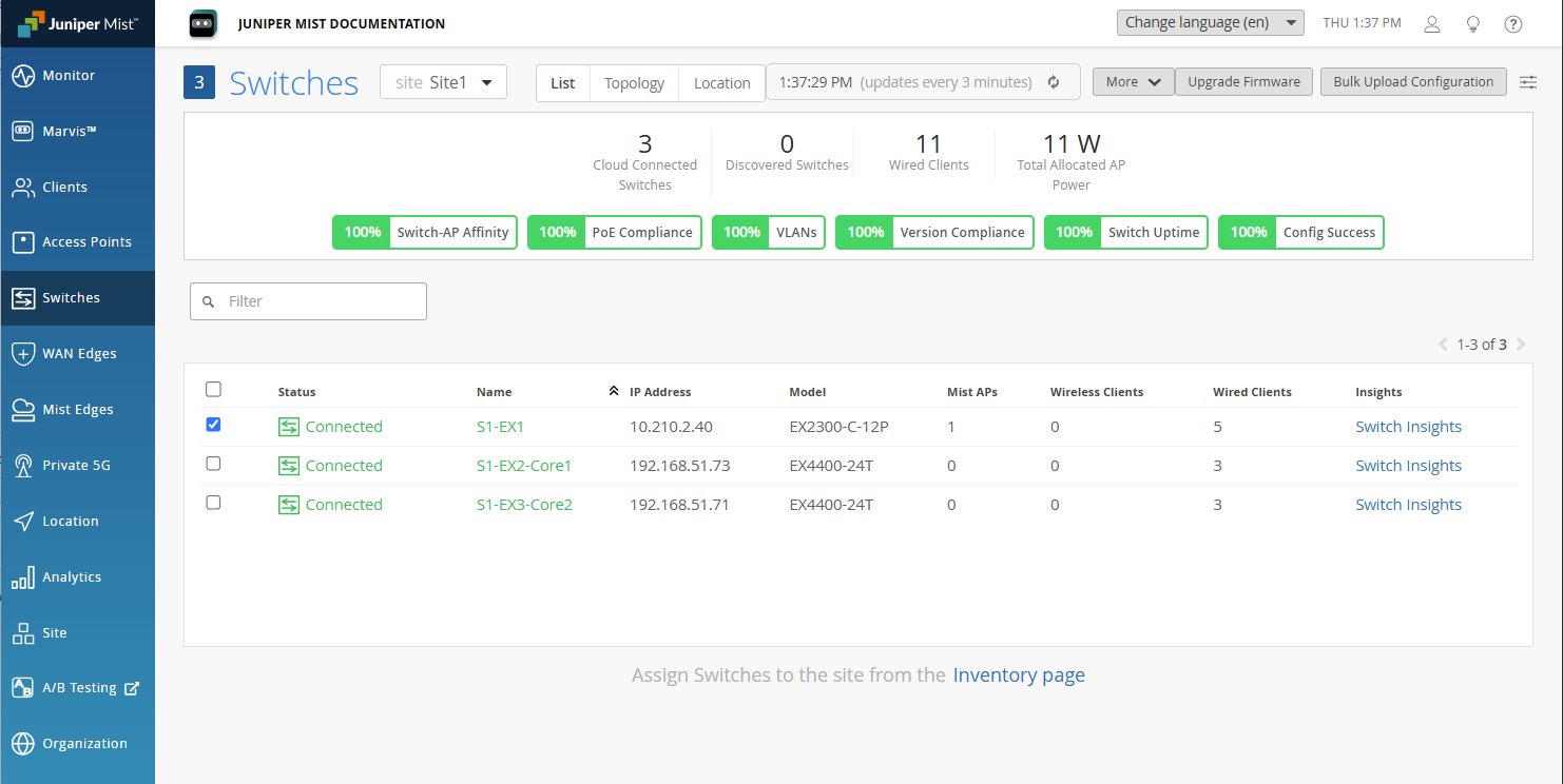 Juniper Mist network management interface screenshot showing Switches section with connected switches overview, status, and metrics.