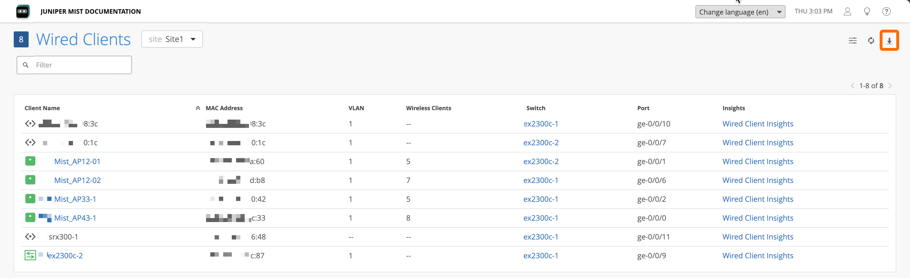 Wired Clients dashboard showing connected devices with details like client name, MAC address, VLAN ID, wireless clients count, switch name, port, and insights link. Includes filter, refresh, and download options.