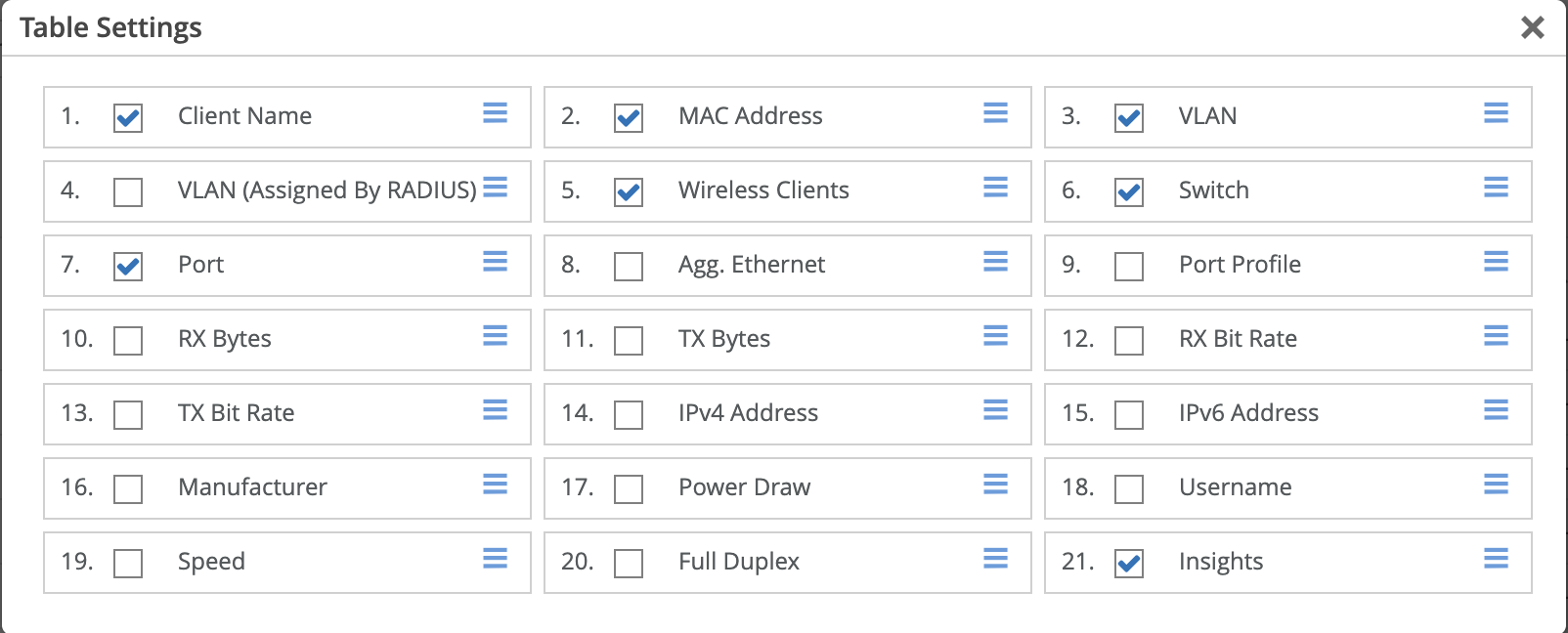Table Settings interface with checkboxes to select fields for display: Client Name, MAC Address, VLAN, Wireless Clients, Switch, Port, and Insights are selected.