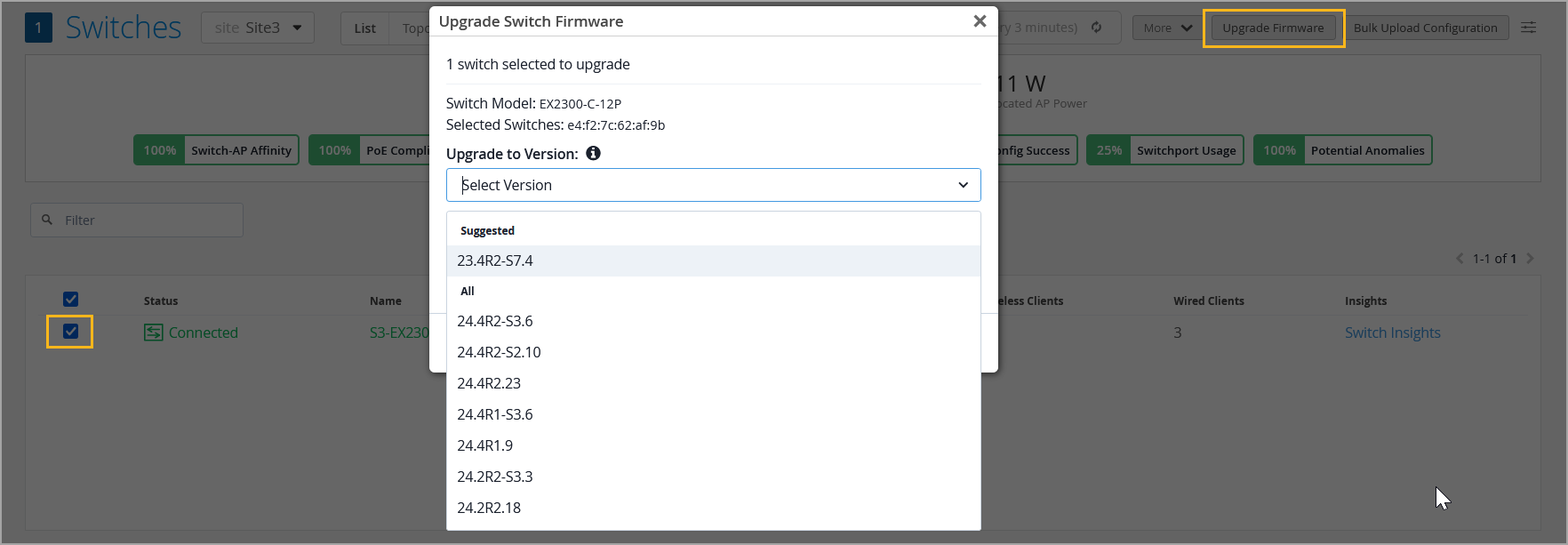 Firmware upgrade interface for network switch EX2300-C-12P. Selected switch: e4:f2:7c:62:af:9b. Suggested firmware version: 23.4R2-S7.4. Connected switch S3-EX2300 with 3 wired clients. Upgrade Firmware button highlighted.