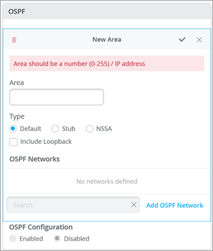 Configuration interface for OSPF showing an error message requiring Area to be a number 0-255 or IP address. Options include OSPF area type, loopback inclusion, network definition, and enable or disable OSPF.